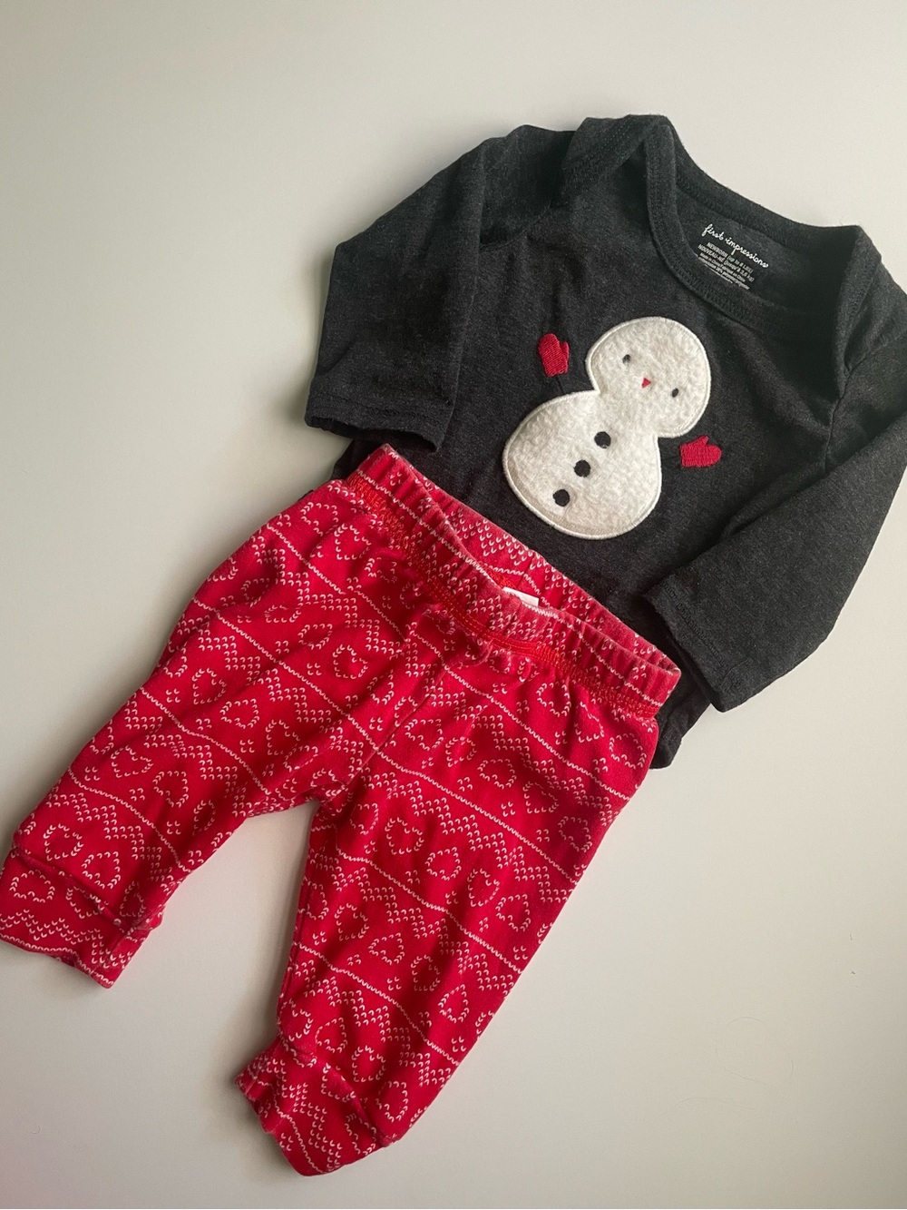 First Impressions Holiday Fluffy Snowman Bodysuit & Red Heart Print Pants